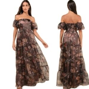 Lulu's Floral Off-Shoulder Maxi Dress - Black and Brown